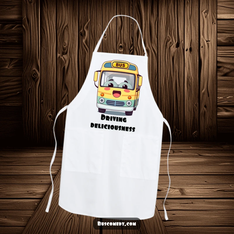 Funny apron featuring a Kawaii bus character with a giant, happy smile, ready to help serve up delicious food.