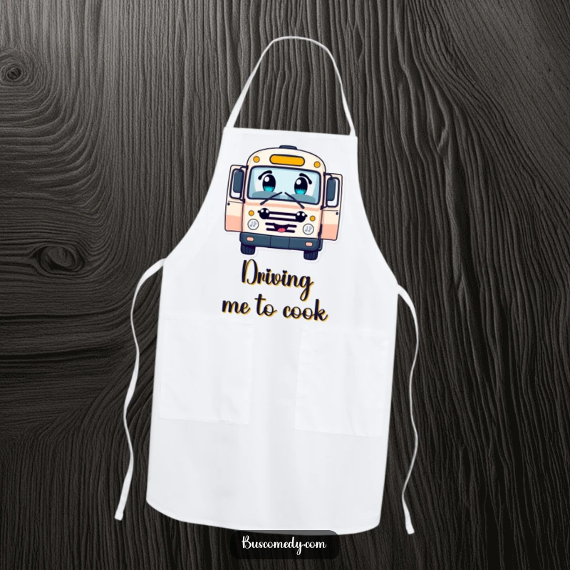 Funny cheerful bus character apron, with large curious eyes, open doors inviting passengers, perfect for kitchen fun.