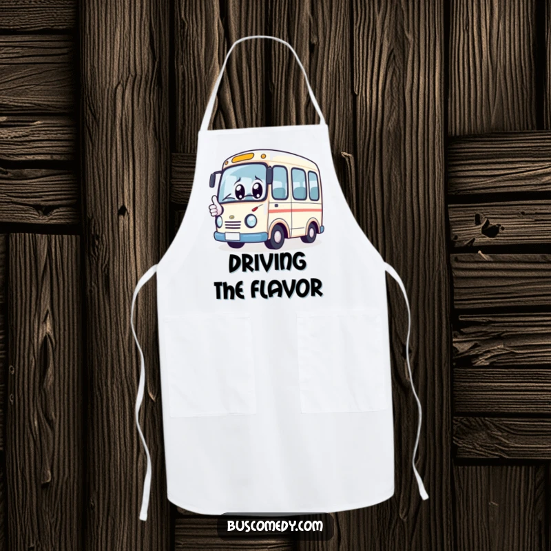 Funny Apron: Kawaii bus character with big eyes, giving a thumbs up, bringing positive charm to kitchen tasks.