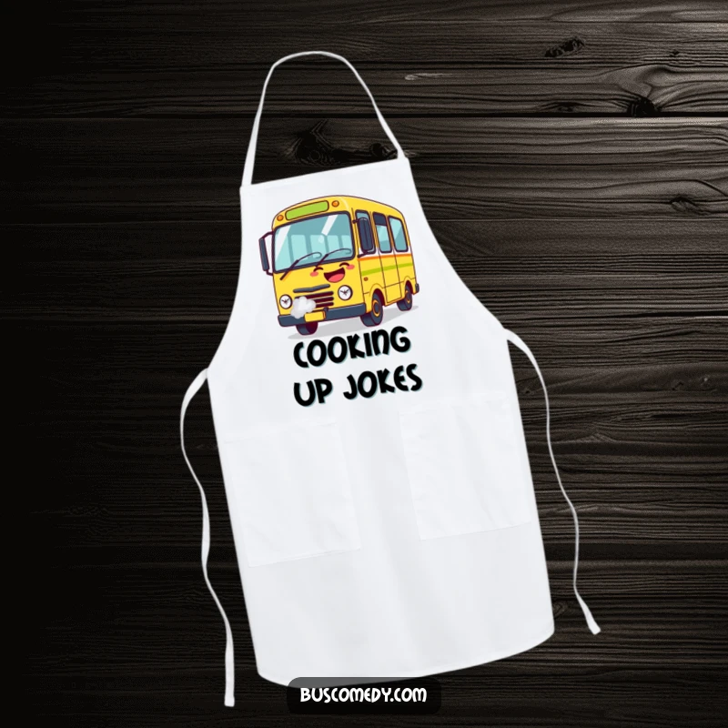 Funny Apron featuring a bus character laughing heartily, steam puffing from its exhaust, ideal for kitchen fun.