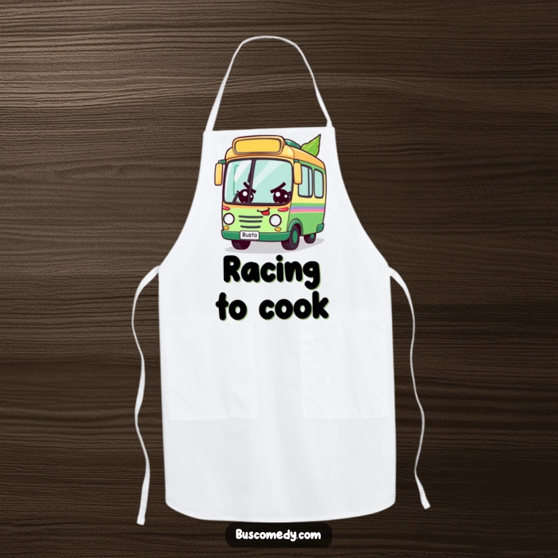Funny apron with a determined bus character racing a leaf, symbolizing perseverance in the kitchen, a unique funny gift.