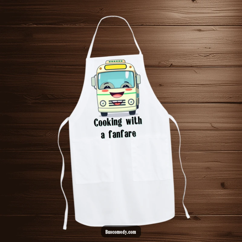 Funny apron decorated with a grinning bus playfully honking its horn, adding a touch of fun to cooking.