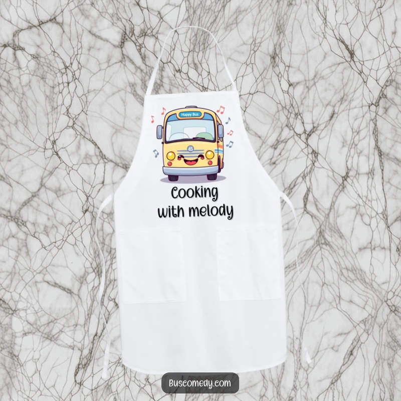 Funny apron with a happy bus surrounded by musical notes, perfect for cooking with rhythm and joy, a unique funny gift.