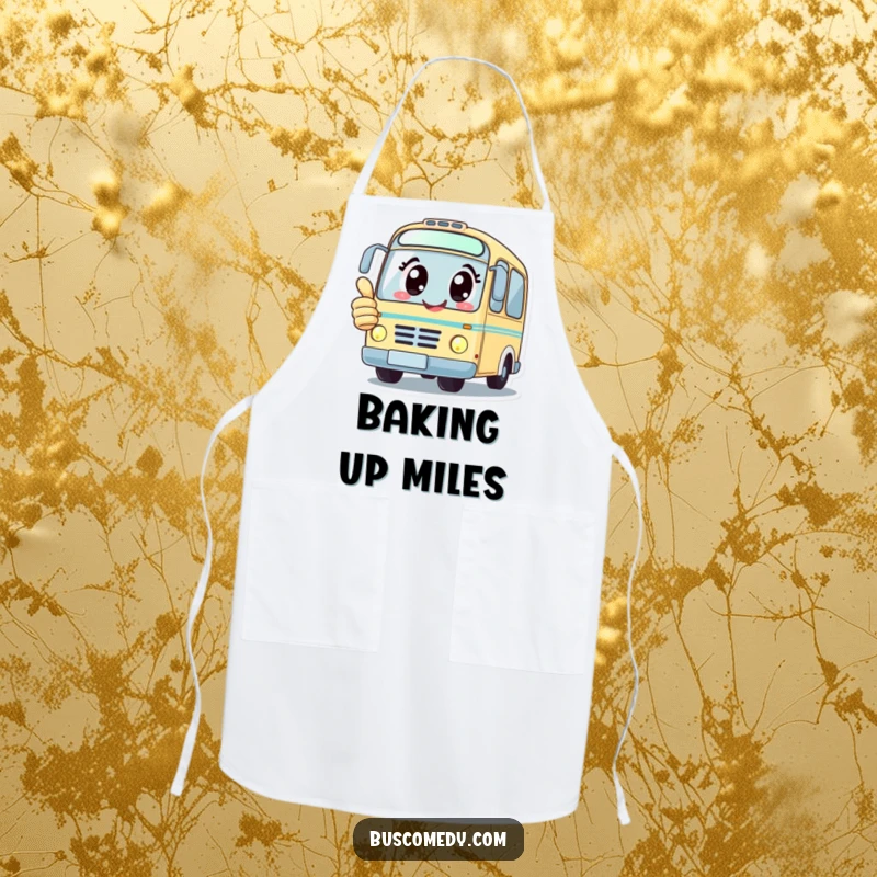 Funny kitchen apron featuring a kawaii bus character with big happy eyes giving a thumbs up, perfect for chefs.