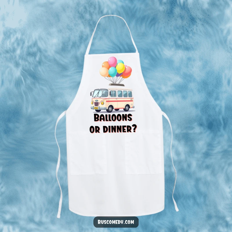 Funny Kawaii Bus Balloon Apron showing a cute bus character balancing colorful balloons on its roof, perfect for kitchen fun.