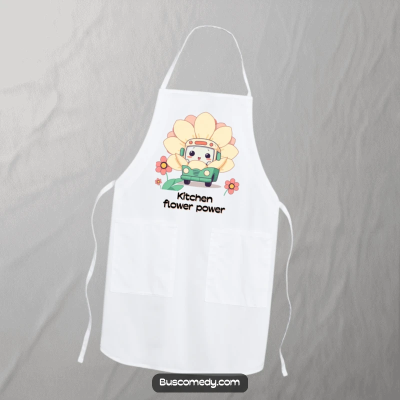 Funny Kawaii Bus Flower Apron showing a cute bus character curiously peeking from behind a giant flower, perfect for garden-themed cooking.