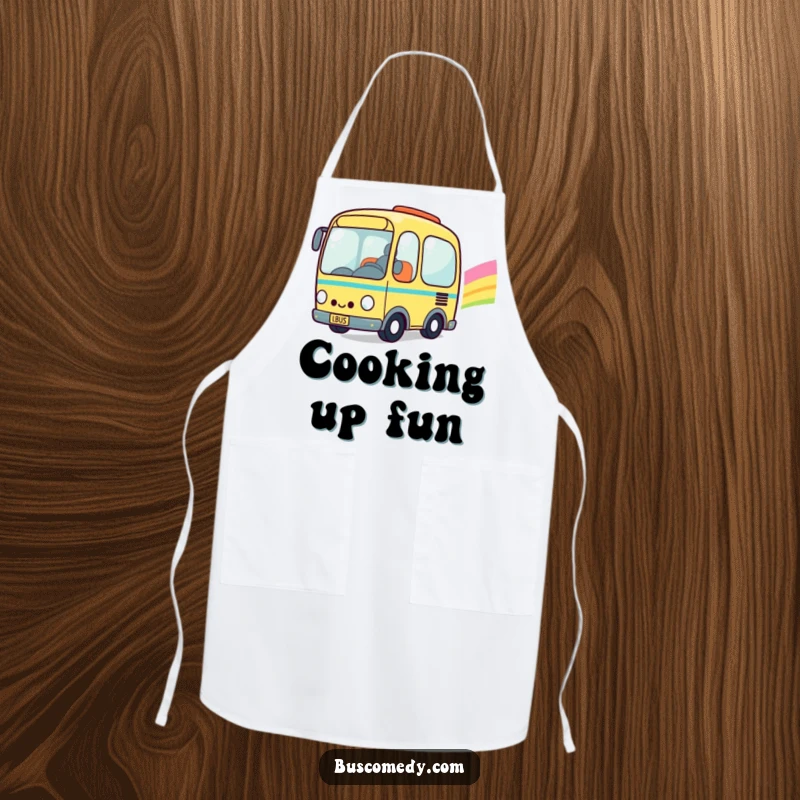 Funny Kawaii Bus Apron: Cheerful kawaii bus character happily driving through a rainbow, perfect for joyful cooking and baking.
