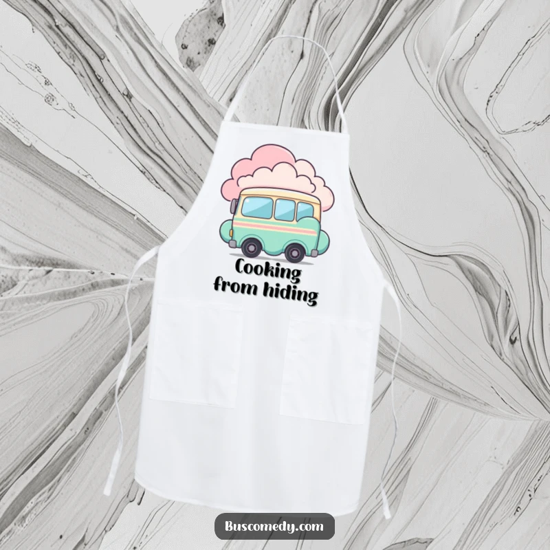 Funny apron showing a shy bus character peeking from behind a colorful cloud. This kitchen accessory is both practical and charming.
