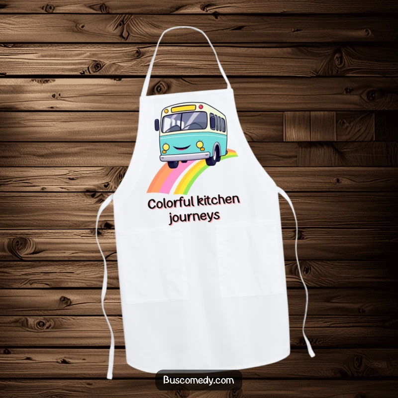 Funny and durable apron showcasing a cheerful smiley bus driving over a colorful rainbow, for happy cooking.