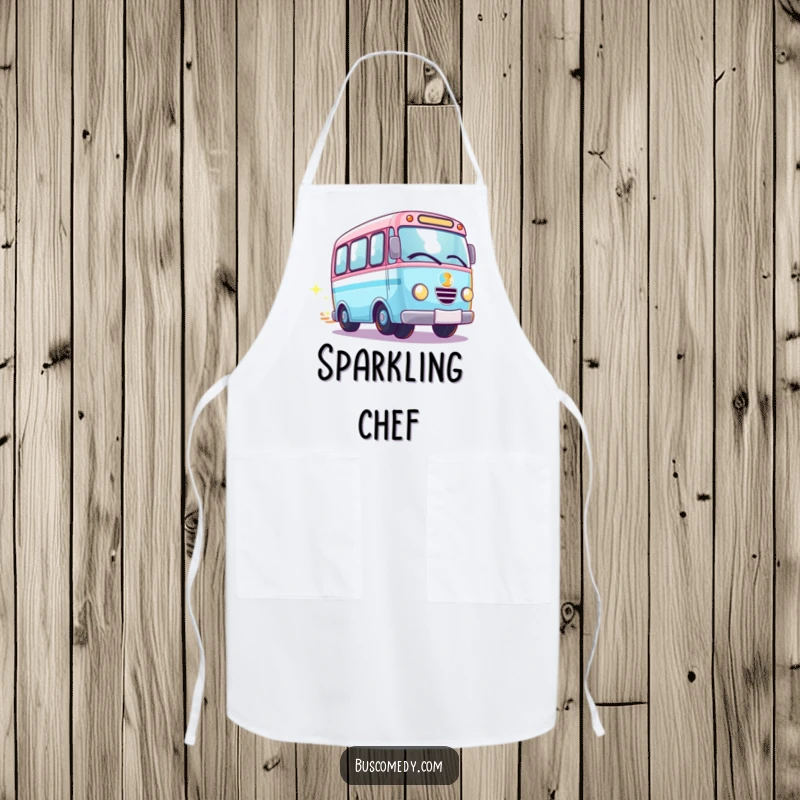 Funny Kawaii bus apron, a bus with spinning wheels leaving a trail of sparkles, ideal for cooking.