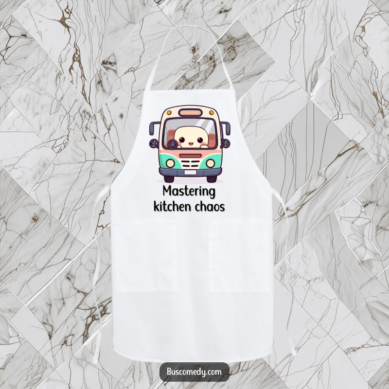 Funny apron with a Kawaii bus character juggling small steering wheels with its window eyes, ready for culinary tasks.