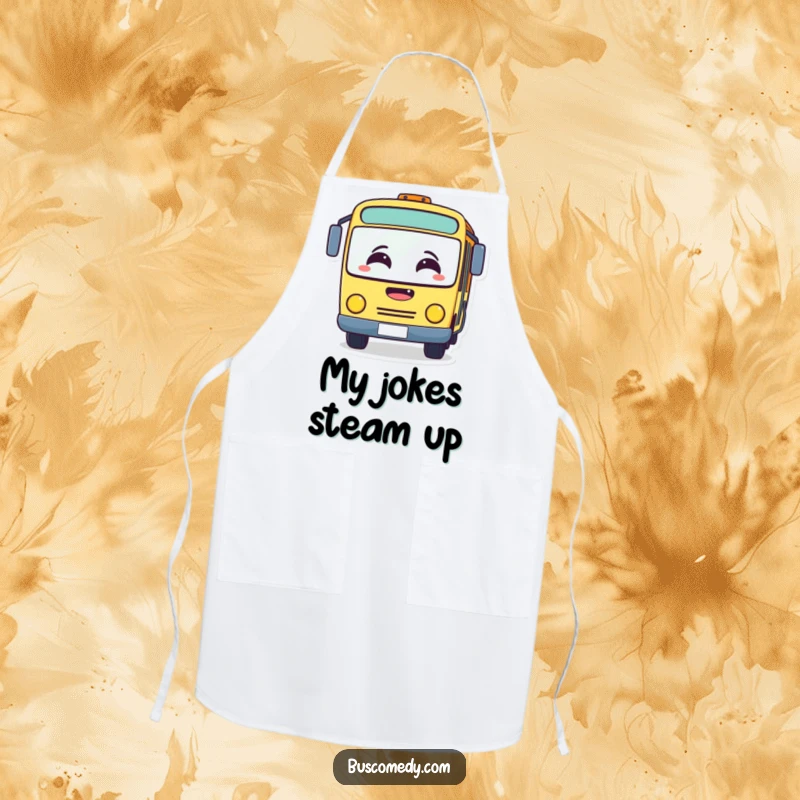 Funny apron showing a bus character with a fogged windshield from laughing heartily. This kitchen accessory is both practical and amusing.