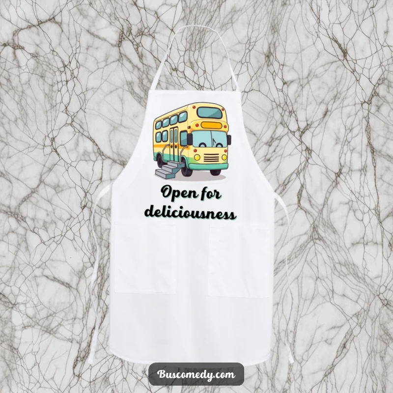 Funny apron showcasing a cute bus character energetically lowering its stairs, ready to assist in the kitchen.