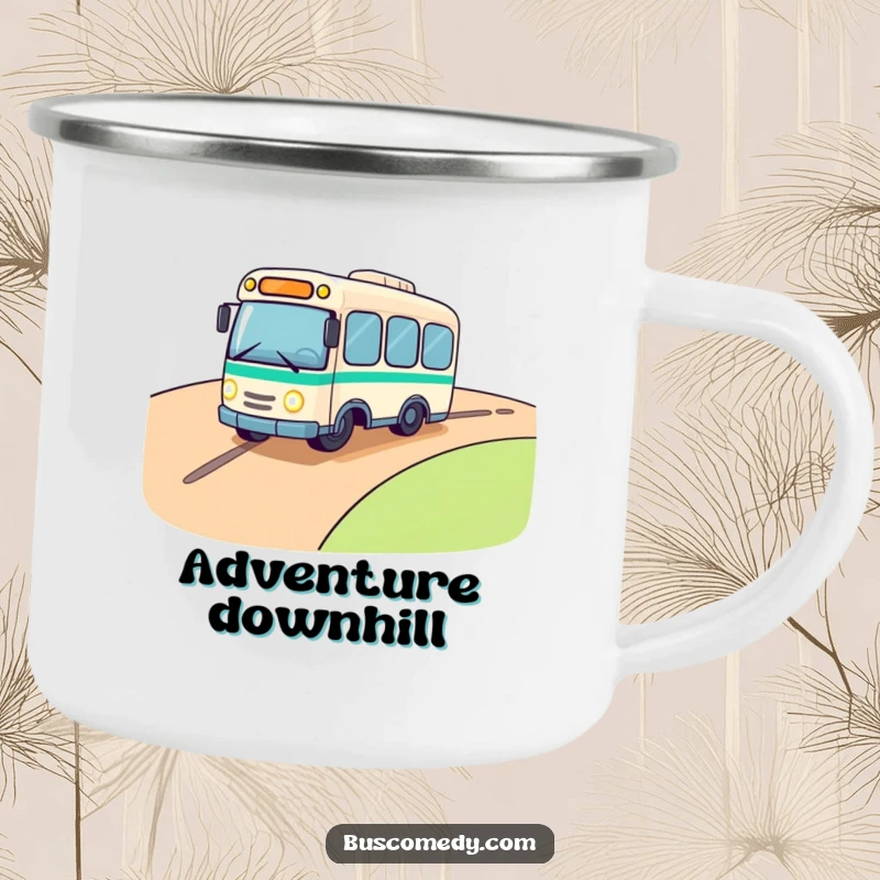 Funny camping mug: a cute bus character rolling downhill, headlights twinkling with excitement, ready for outdoor adventures and fun.