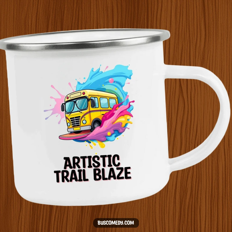 Funny bus character wearing small sunglasses surfs a dynamic wave of colorful paint on this camping mug.