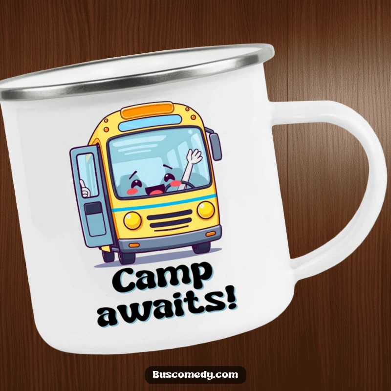Funny camping mug featuring an excited bus character with its door open wide, waving to welcome passengers, perfect for cheerful outdoor moments.