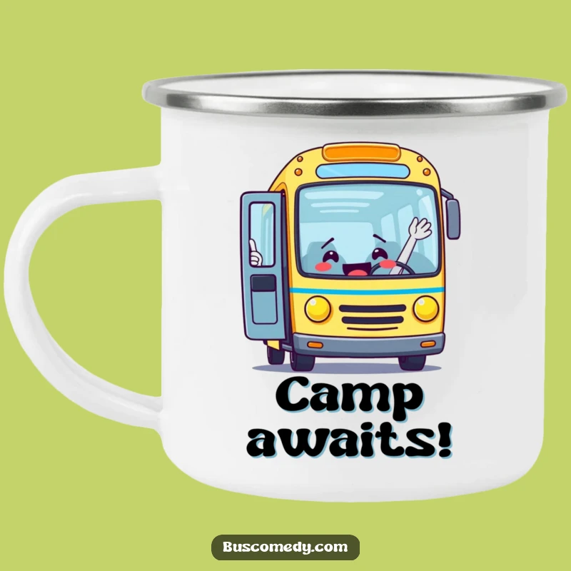 Funny Bus Waving Camping Mug: Adventure & Welcoming Humor