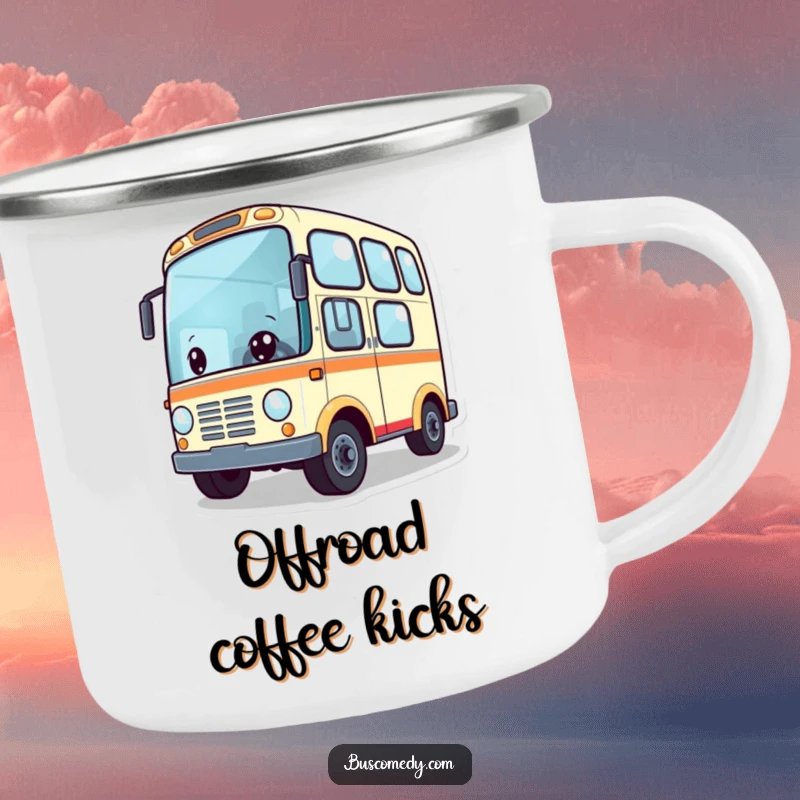 Funny camping mug with a cute bus character with wheels spinning enthusiastically, ready for outdoor adventures. This durable mug is for wanderers.