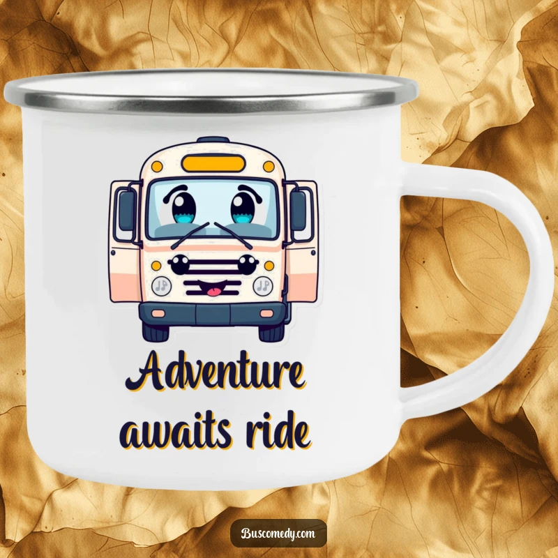 Funny cheerful bus character camping mug, with large curious eyes, open doors inviting passengers, durable and portable for trips.