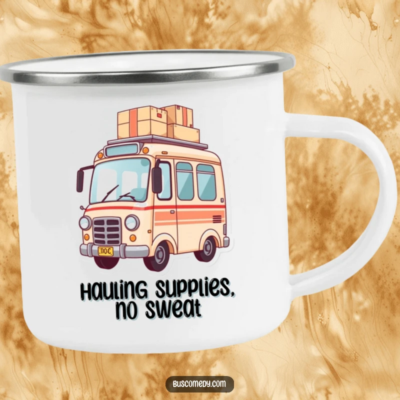 Funny camping mug showing a small bus character balancing a stack of packages on its roof, ready for delivery.