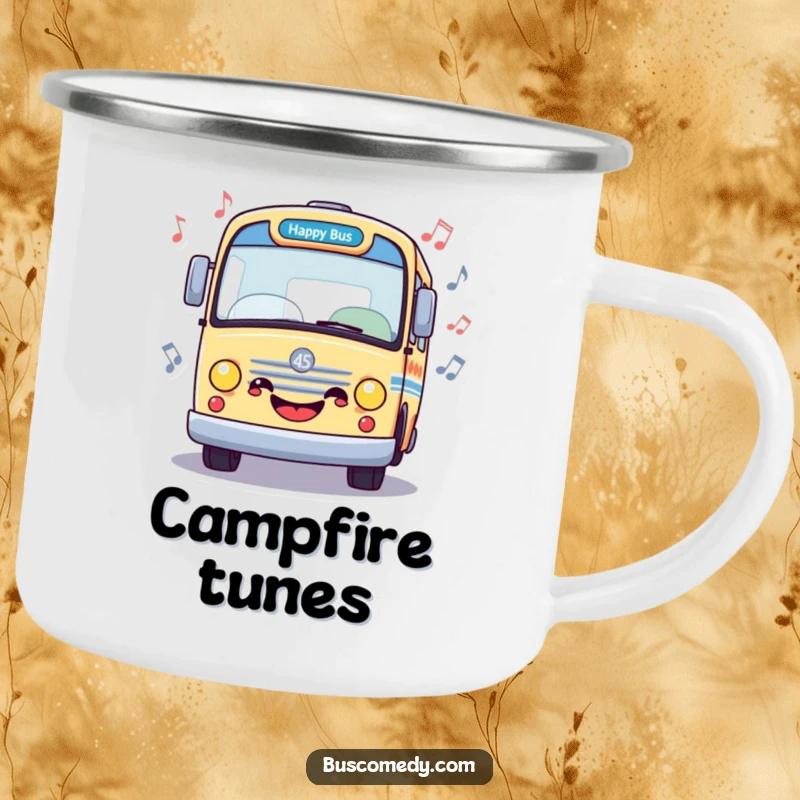 Funny camping mug with a happy bus surrounded by musical notes, perfect for outdoor music enjoyment and a cheerful vibe, a great funny gift.