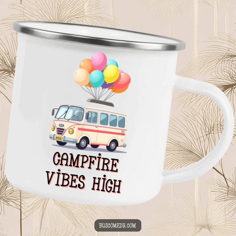 Funny Kawaii Bus Balloon Camping Mug showing a cute bus character balancing colorful balloons, durable for outdoor use.