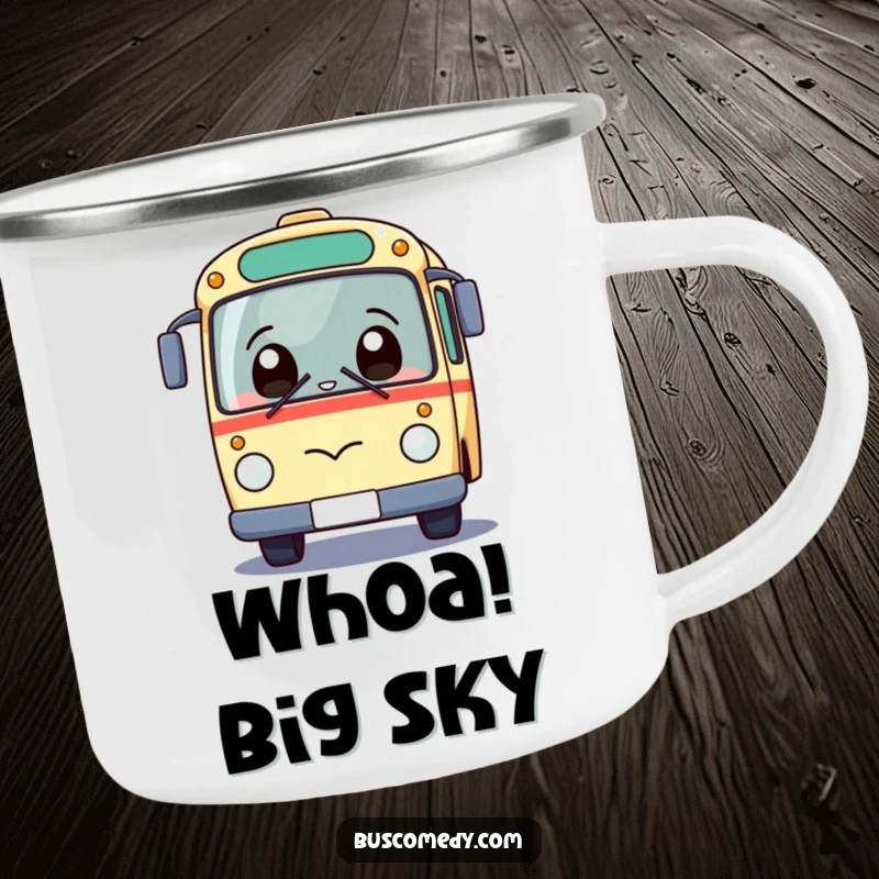 Funny Kawaii Bus Camping Mug featuring a giggling bus character with a surprised expression, durable for adventures.