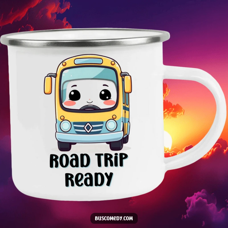 Funny Kawaii Bus Camping Mug with a big smile, driving a tiny race car, ready for outdoor fun.