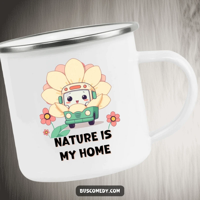 Funny Kawaii Bus Flower Camping Mug showing a cute bus character curiously peeking from behind a giant flower, durable for camping.