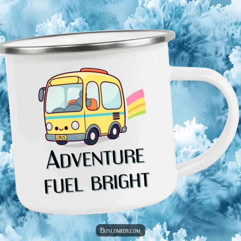 Funny Kawaii Bus Camping Mug: Durable mug with a happy kawaii bus character driving through a rainbow, great for outdoor adventures.