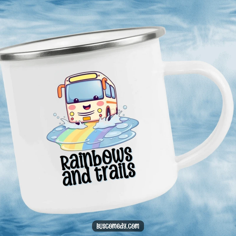 Funny kawaii bus camping mug, character playfully splashing through a vibrant rainbow puddle, durable and colorful outdoor cup.