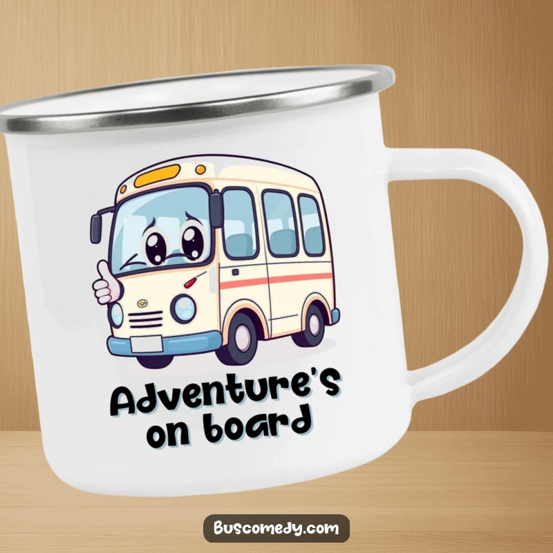 Funny Camping Mug: Kawaii bus character with big eyes, giving a thumbs up, a durable and cheerful mug for outdoor fun.