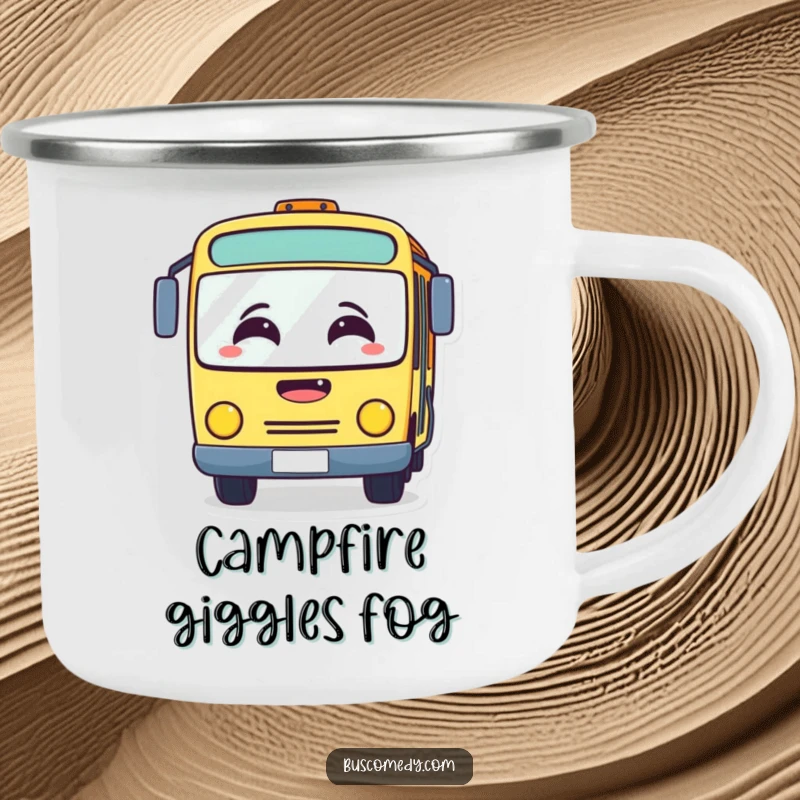 Funny camping mug with a bus character whose windshield is fogged from laughing hard. This durable mug is for those who enjoy a good joke.