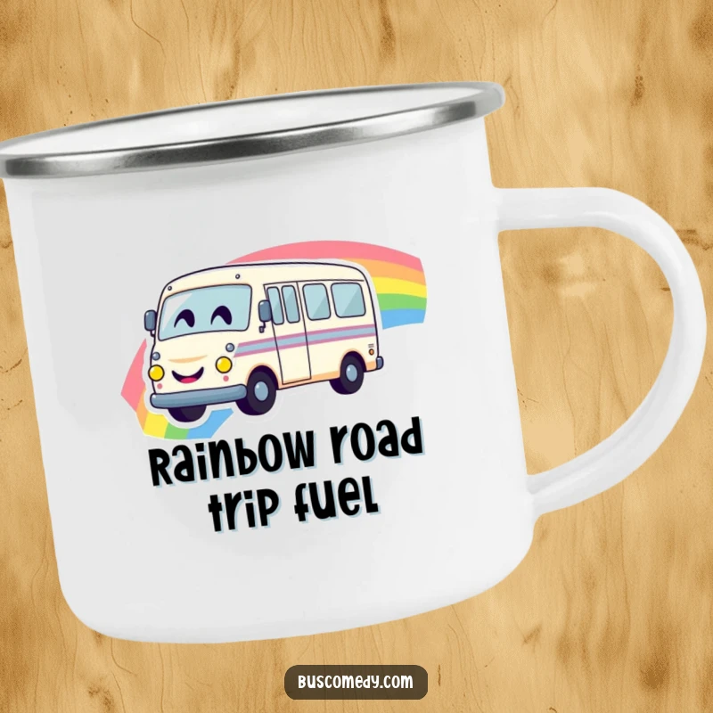 Funny camping mug featuring a smiling bus character driving over a bright rainbow, perfect for outdoor trips.