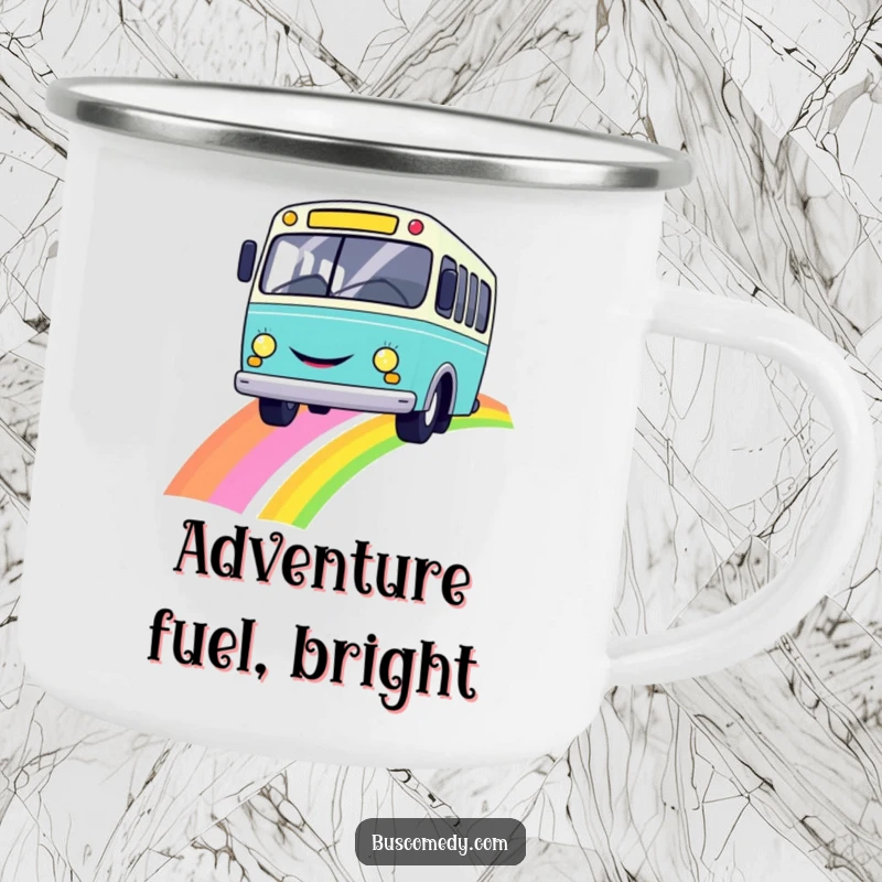 Funny enamel camping mug featuring a smiling bus on a rainbow, perfect for outdoor enthusiasts.