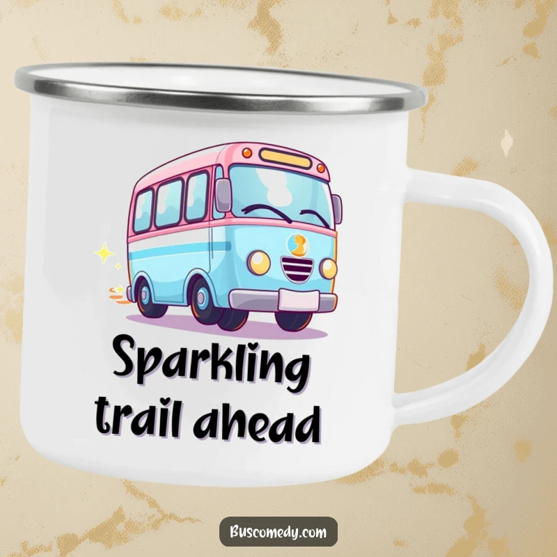 Funny Kawaii bus camping mug, a bus with spinning wheels leaving a sparkle trail, perfect for outdoors.