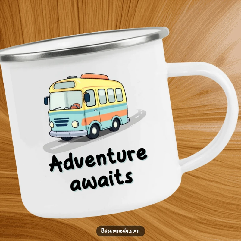Funny camping mug with a little bus in a jaunty hat speeding down a wavy road, ready for humorous outdoor journeys.