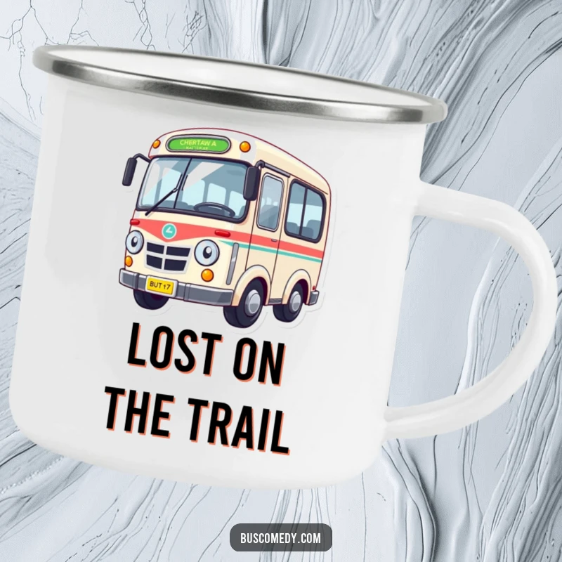 Funny Camping Mug featuring a dizzy bus character with wheels spinning in a comical blur, for outdoor enjoyment.