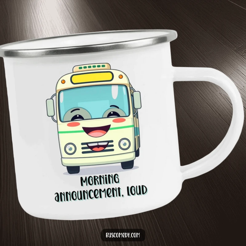 Funny camping mug showing a bus with a wide grin, playfully honking its horn, ready for outdoor fun.