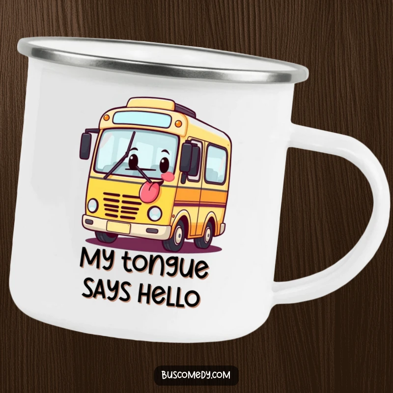 Funny enamel camping mug depicting a bus character sticking its tongue out, for humorous outdoor adventures.