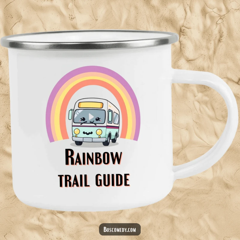 Funny kawaii bus character with a big smile, joyfully driving through a vibrant rainbow arch, printed on a sturdy enamel camping mug.
