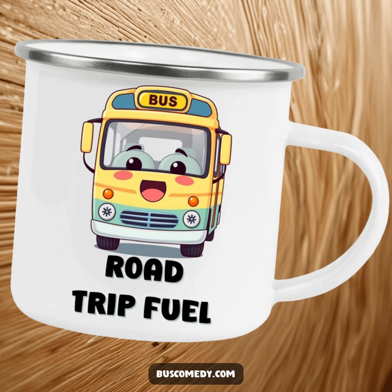 Funny camping mug featuring a Kawaii bus character with a big happy smile, ideal for enjoying drinks on the go.