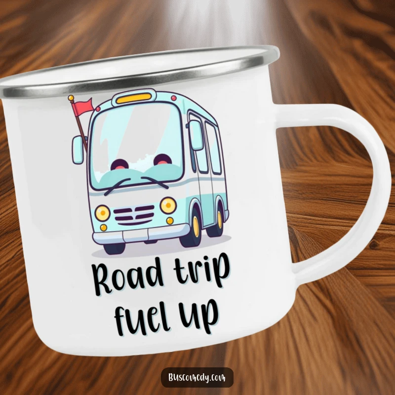 Funny Kawaii bus camping mug, a cheerful bus character waving a flag, perfect for outdoor trips.