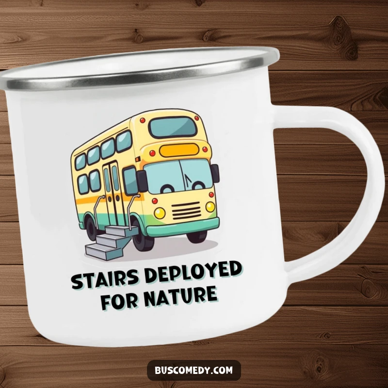 Funny camping mug depicting a cute bus character lowering its stairs with gusto, ready for any adventure.