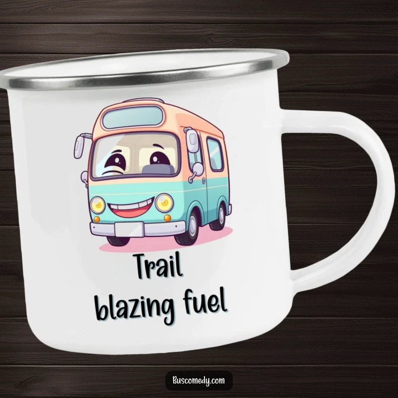 Funny camping mug with a round bus, a giant grin, and a winking headlight, ready for humorous outdoor adventures.