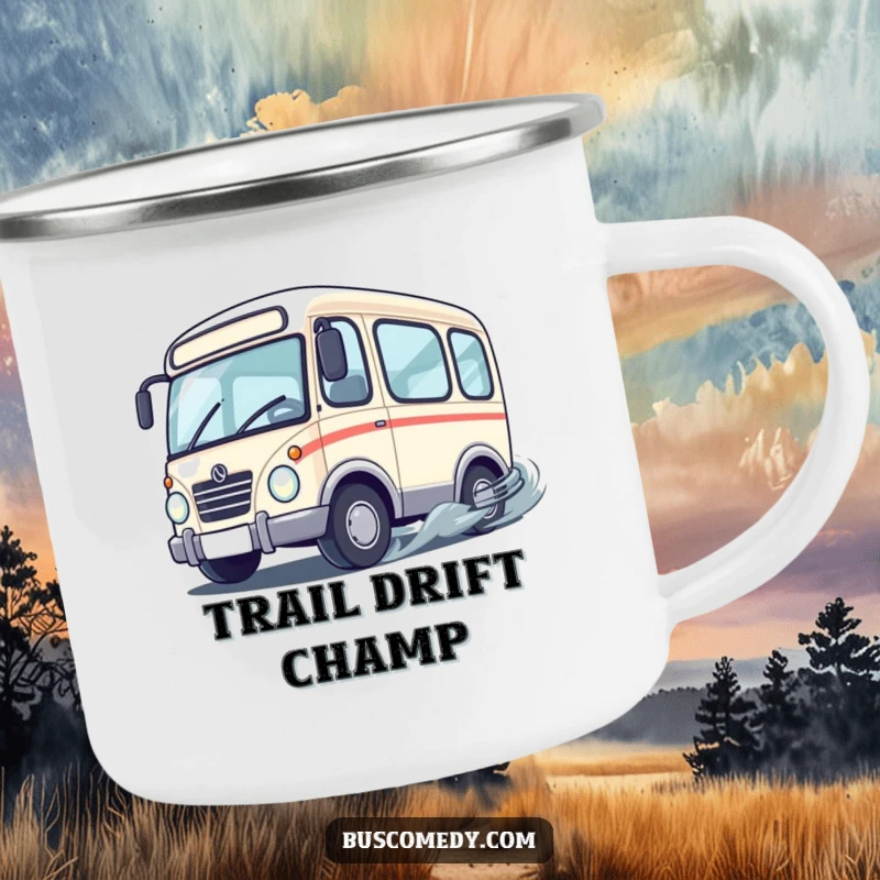 Funny cute bus character with wheels spinning rapidly as it performs a playful drift, printed on a sturdy enamel camping mug.