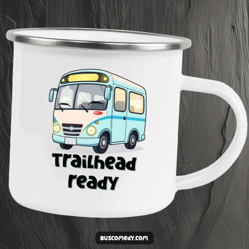 Funny enamel camping mug with a happy bus character winking with bright headlights, durable and perfect for outdoor use.