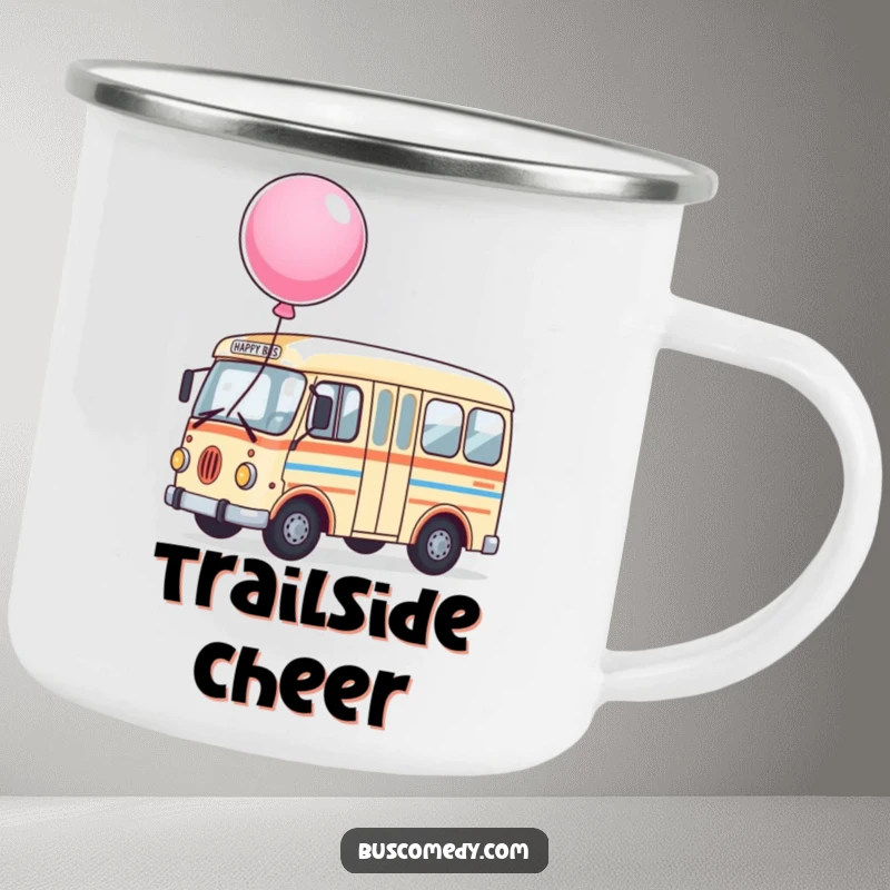 Funny Camping Mug featuring a happy bus character with a large, bouncing balloon tied to its roof, for outdoor enjoyment.