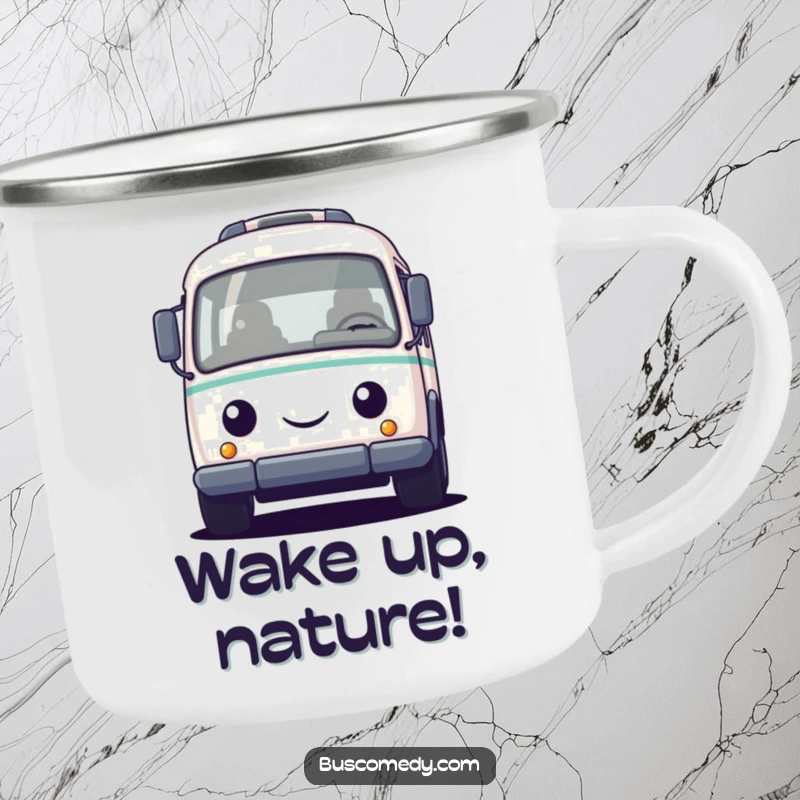 Funny camping mug featuring a small, round bus character with a friendly face, honking its horn, perfect for cheerful outdoor moments.