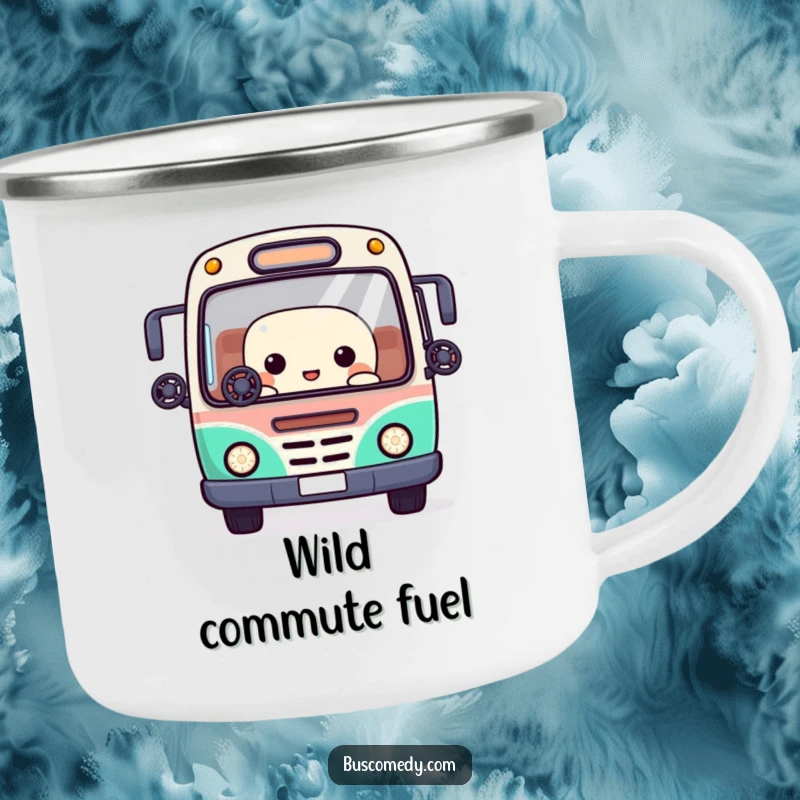 Funny camping mug featuring a Kawaii bus character juggling small steering wheels with its window eyes, perfect for on-the-go fun.
